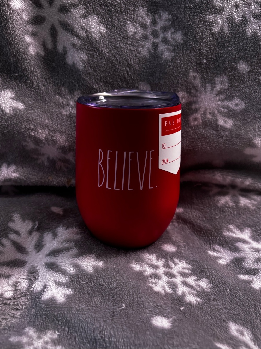 Rae Dunn Red "BELIEVE" Holiday Stemless Wine Tumbler with Lid - NWT